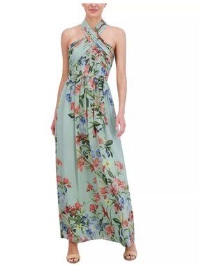 Eliza J Floral Print Sleeveless Maxi Dress with Pleated Halter 💐💚🩷💚💐
